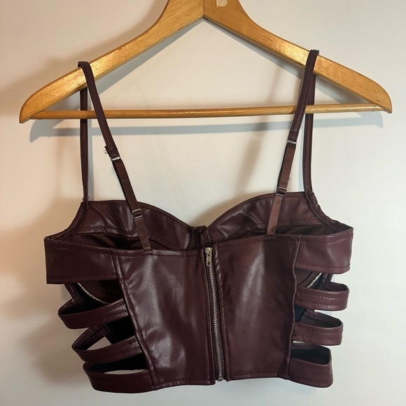 Burgundy Fashion Nova Pleather Cut Out Crop Top - Picture 2 of 4